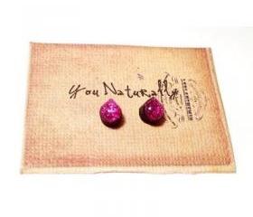 Pink Glitter Wooden Stud Earrings