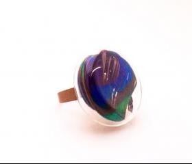 Real Peacock Feather Glass ring